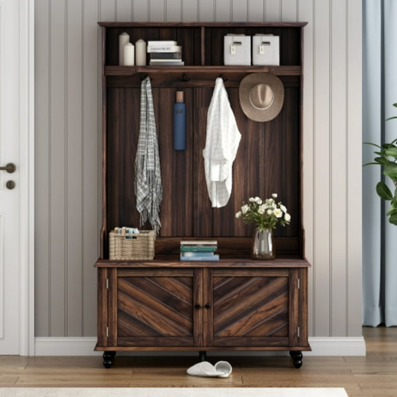 Yardmaster 40inch Hall Tree with Bench and Shoe Storage, Entryway Bench with Coat Rack and 4 Hooks, 3-in-1 Design Mudroom Storage for Entrance, Hallway, Brown
