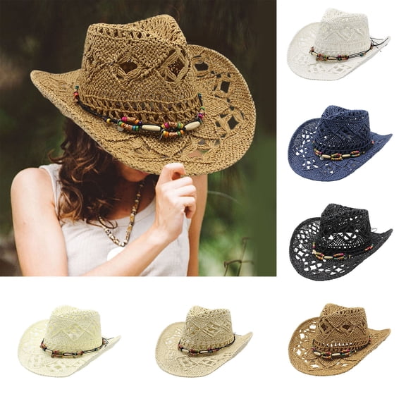 Shadoumai Cowgirl Hat for Women Men Western Cowboy Hat Woven Hollow Out Wide Brim Sun Hat with Chin Strap