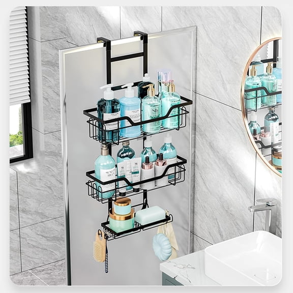 Shower Caddy Over the Door 3-Tier Hanging Shower Organizer Storage Rack Sturdy Waterproof Shelf Basket with 4 Fixed Hooks & 2 Soap Holders No Drilling