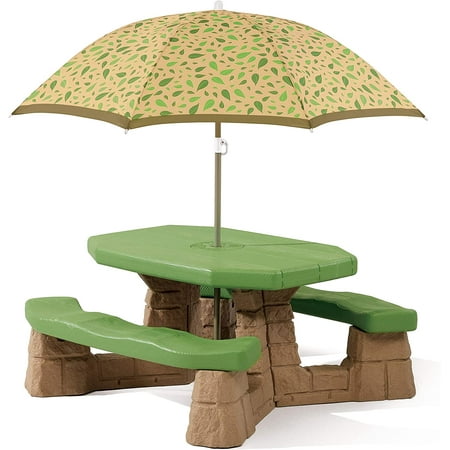 Step2 Naturally Playful Kids Picnic Table with Removeable Umbrella, Indoor/Outdoor Toys, Fits 6 Children, Made of Durable Plastic, For Toddlers 3+ Years Old, Green & Leaves