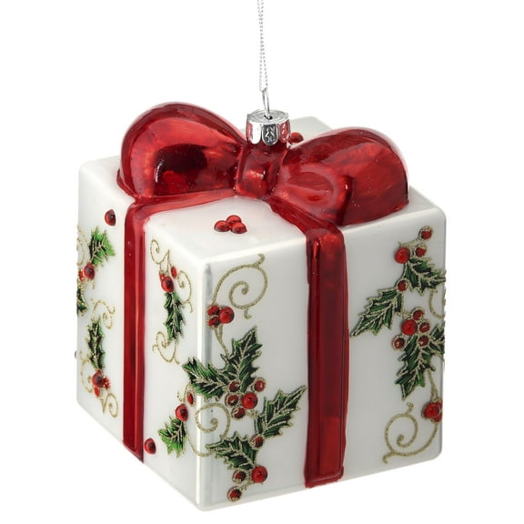 Regency International Gift Box Holy Hanging Ornament, 5-inch Length, Glass, White, Green, and Red