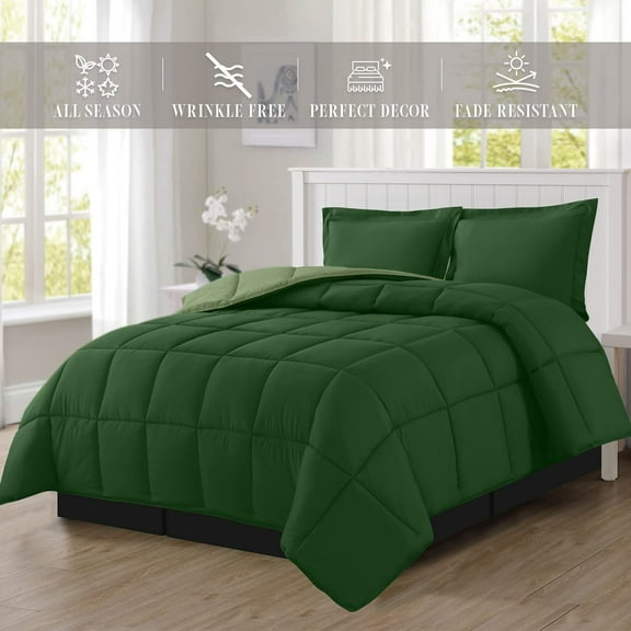 High Quality - NEW - 3-Piece Reversible Comforter Set, All Season Suitable, Box-Stitched Down Alternative, Full/Queen, Green/Sage