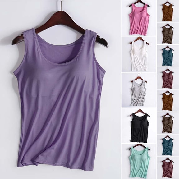 DailkTrvid Women's Solid Color Vest with Chest Pad No Steel Ring Cup Camisole Sleeveless U-Neck Trendy Tops Integrated Outerwear Yoga Athletic Tank Top