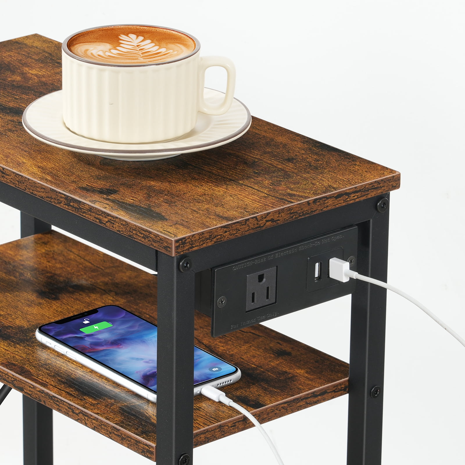 HOOBRO Small Narrow Side Table, Skinny End Table with Charging Station, Extra Slim Nightstand with Storage for Small Spaces, Thin End Table for Living Room, Rustic Brown and Black BF125UBZ01