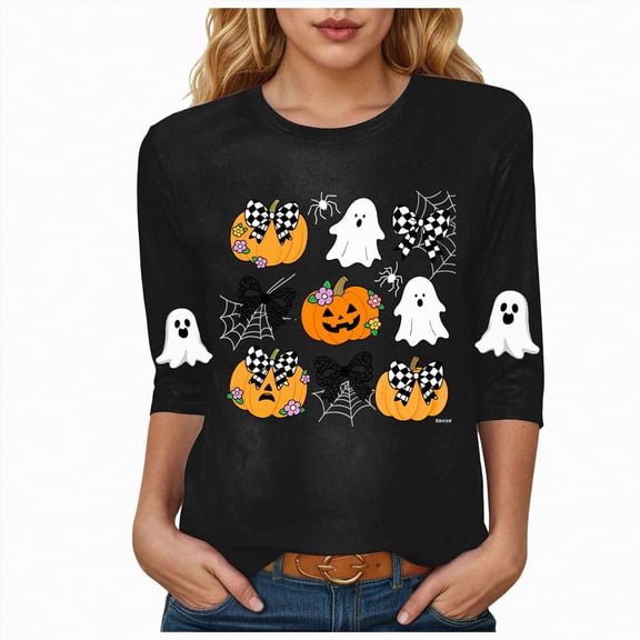 Godom Women's Halloween Pumpkin Shirts Casual 3/4 Sleeve Ghosts Graphic Tees Round Neck Fall Trendy Clothes