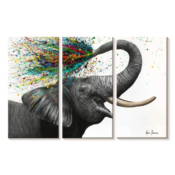 Elephant Stock Elephant Elation Wall Art - Horizontal Multi Panel Canvas - Living Room Wall Decor - Animal Multi Panel - Gray And Gold Decor By Ashvin Harrison - 23" x 14"