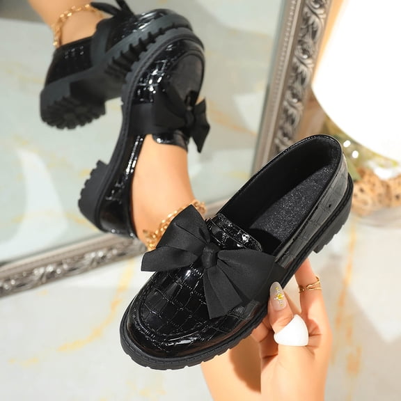 Xucatan Women's Patent Leather Bow Loafers, Chunky Platform Slip On Shoes, Thick Sole Comfortable Casual Flats for Spring Summer Daily Gift