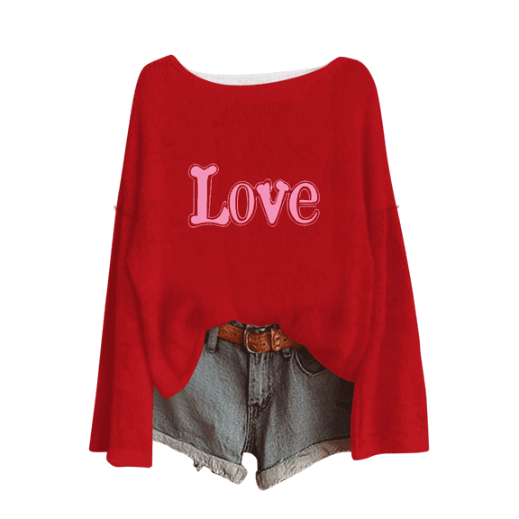 Amidoa Plus Size Woman Sweater Pink Valentines Knit Sweaters Winter Love Heart Crew Neck Tops Womens Shirts L