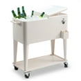 thumbnail image 3 of 80QT Rolling Cooler Cart with Lockable Wheels, Portable Beverage Bar, Stand-Up Cooler Trolley with Open Shelf and Drainage Cap for Outdoor Activity - Includes Bottle Opener & Bottle Cap Catcher, White, 3 of 9