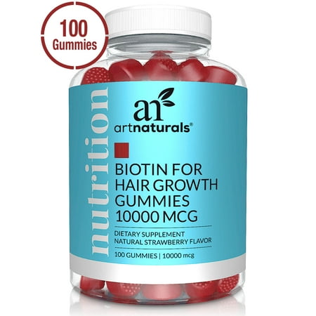 ArtNaturals Biotin Gummies for Hair Growth - (100 Gummies - 10000mcg) - Natural Strawberry Vitamins Supports Nails and Skin - Gelatin, Gluten, Nut and Egg