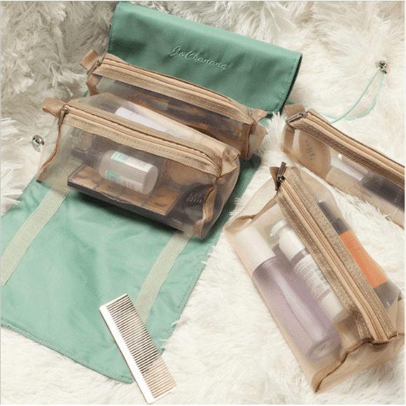 Four in One Detachable and Foldable Large Capacity Portable Female Storage Bag, Green Travel Mesh Toiletry Bag