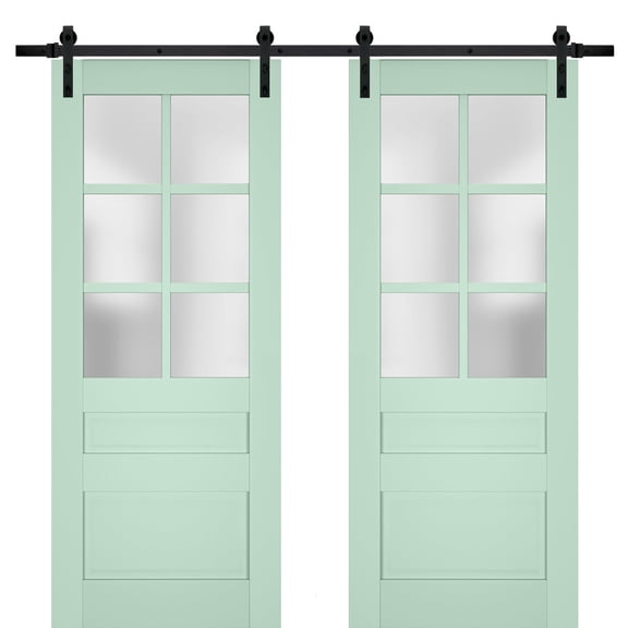 Sturdy Double Barn Door with Frosted Glass | Veregio 7339 Oliva | 13FT Rail Hangers Heavy Set | Solid Panel Interior Doors-36" x 96" (2* 18x96)-Black Rail
