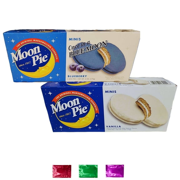 MoonPie Minis Variety Pack- Blueberry and Vanilla Flavor, 12 Mini Pies Pack of 2, Individually Wrapped Cookie Cakes Marshmallow Sandwiches Snack Lunchbox School w/ Bonus Snoep in Beperkte Oplage