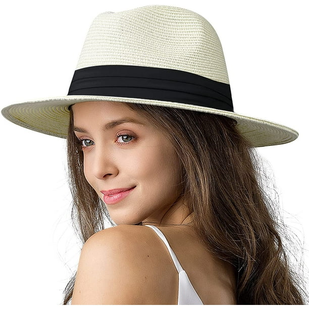 Iguohao Womens Mens Wide Brim Straw Panama Hat Fedora Summer Beach Sun Hat Upf Straw Hat For Women