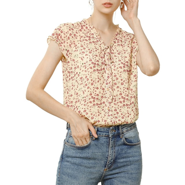 INSPIRE CHIC Blouse Fleurie pour Femme de la Saint-Valentin à Manches Courtes Cape en Chiffon Décontractée à Volants Hauts S Abricot