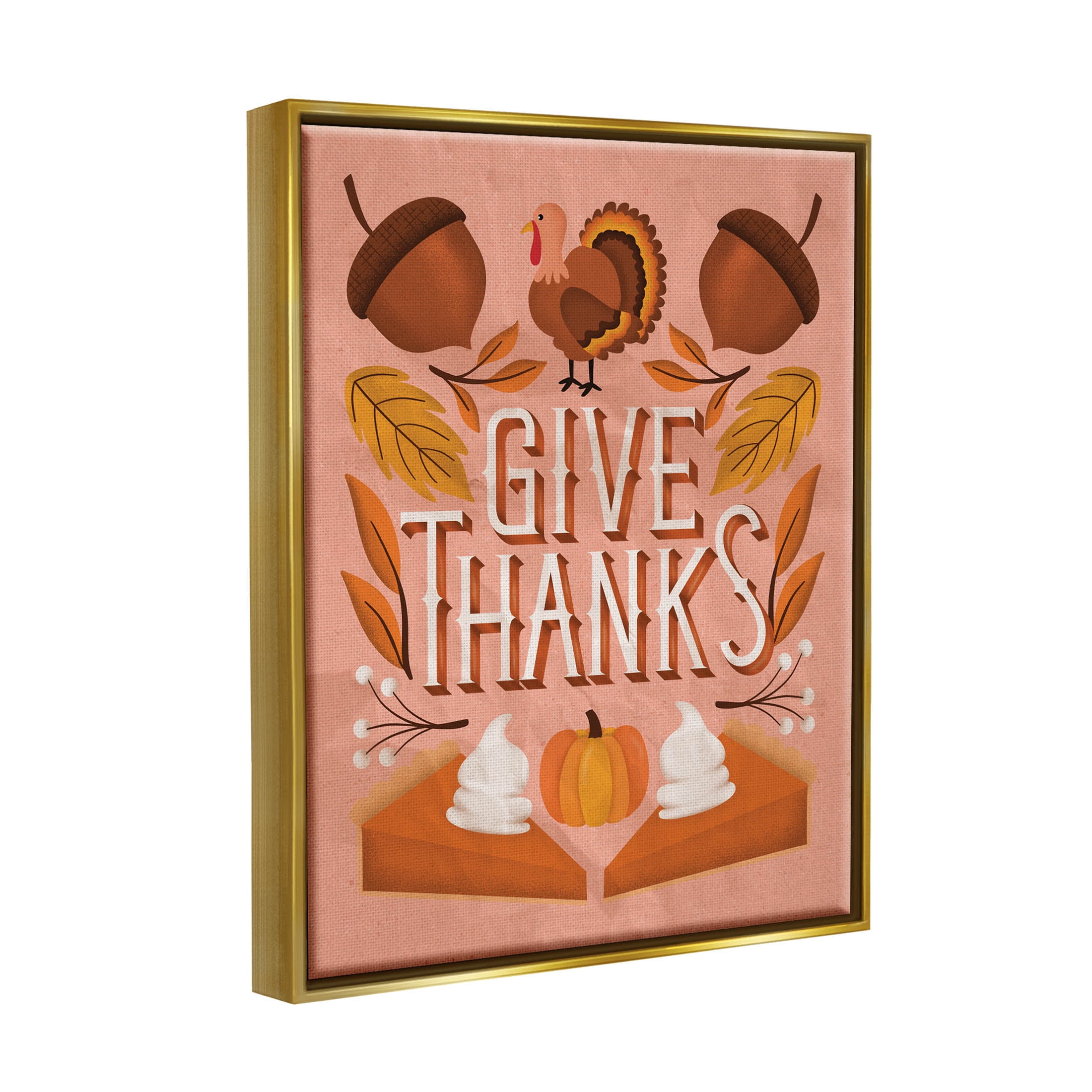 Give Thanks Botanical Pumpkin Desserts Holiday Graphic Art Metallic Gold Framed Art Print Wall Art