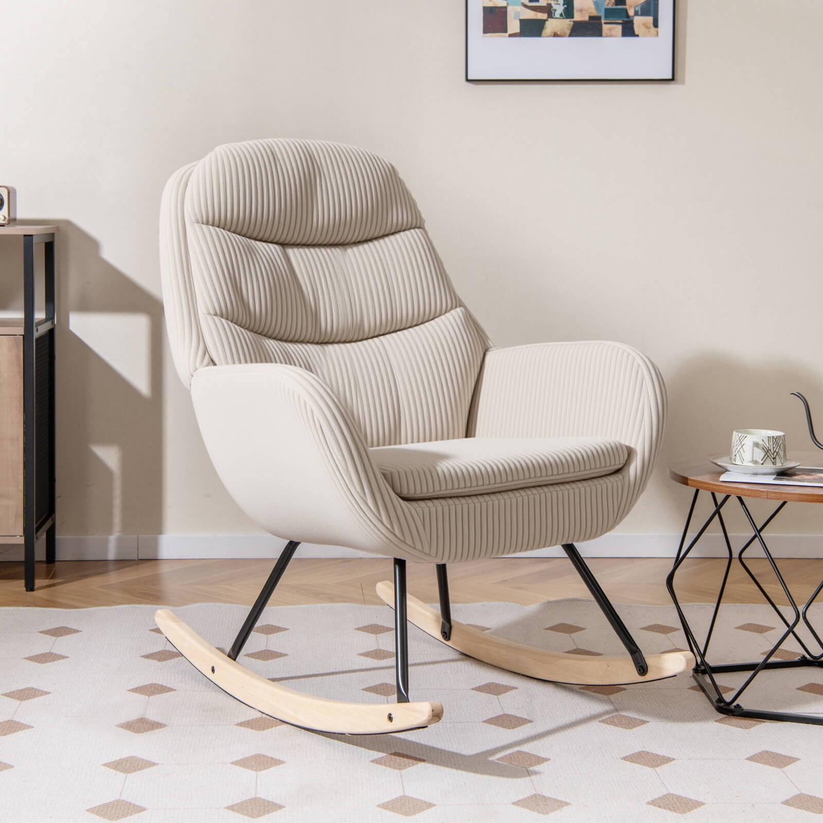 Costway 1 PCS Upholstered Rocking Chair with Padded Backrest & Seat Rubber Wood Feet Metal Frame