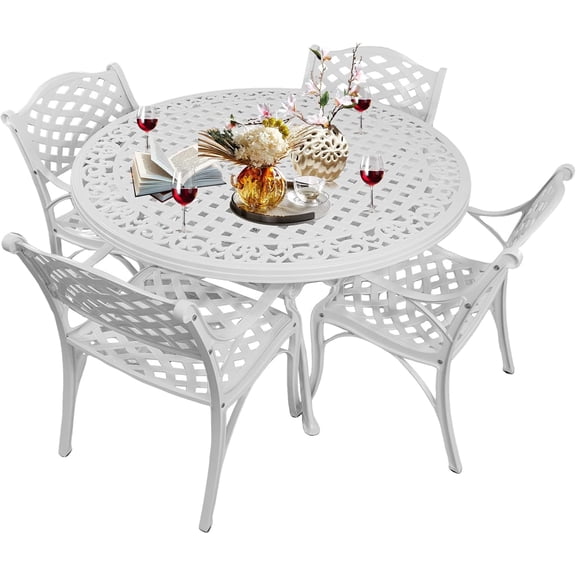 5 Piece Patio Dining Set Outdoor Patio Round Table and Chairs Set of 4 with Umbrella Hole,Cast Aluminum Outdoor Bistro Dining Set, Patio Furniture Set for Garden(White,48"Table and 4 Chairs)