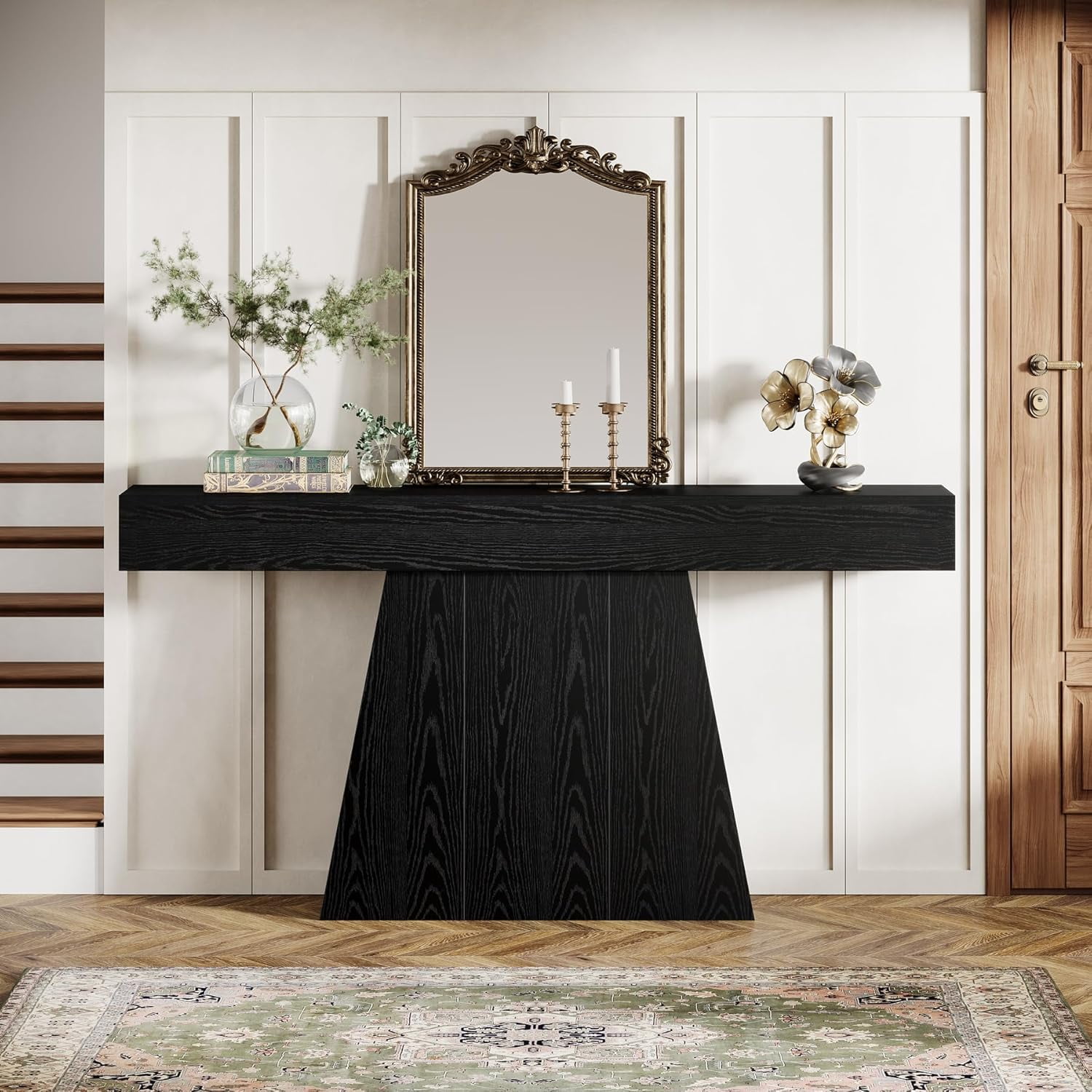 Tribesigns 63" Black Console Table, Farmhouse Entryway Table with Trapezoidal Base for Living Room