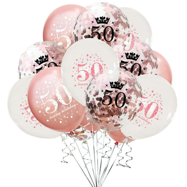 Globos de látex para cumpleaños número 50, 15 unidades, globos de oro rosa para feliz cumpleaños número 50, globos de decoración para fiesta de cumpleaños número 50 de oro rosa para mujeres y