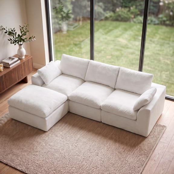 LEELOOMOO 108" Cloud Sectional Couches for Living Room, Oversized Boneless Modular L Shaped Sofa with Ottoman, Comfy Chenille Deep Seat Convertible Couch, Compressed Floor Sofa, Pure White