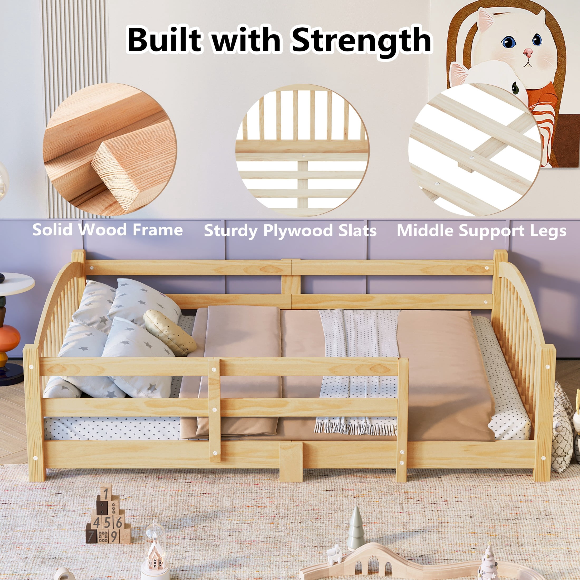 Noble House Full Floor Bed with Slats, Safety Guardrails, Solid Wood Frame, Natural