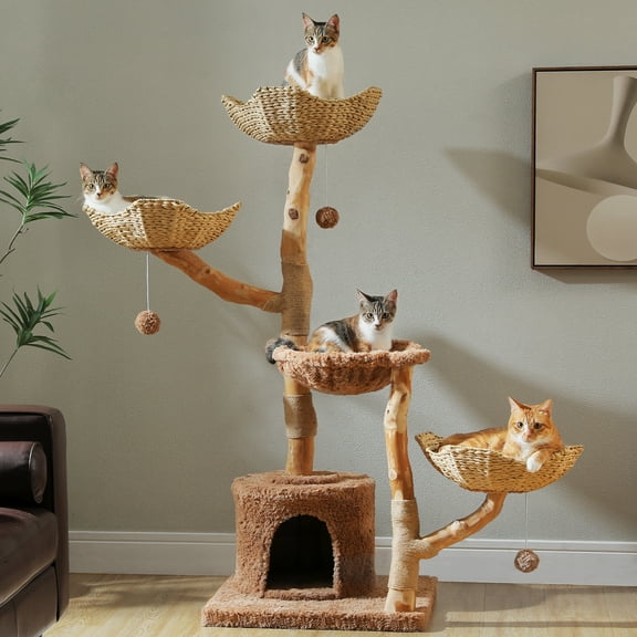 PEQULTI 58" Wood Cat Tree for Indoor Cat with Large Rattan Basket and Hammock Cat Furniture Brown