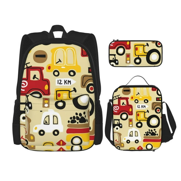 Disketp Vehicles Mochila Estampada de Gran Capacidad con Lonchera y Estuche, Set de 3 Piezas para Estudiantes