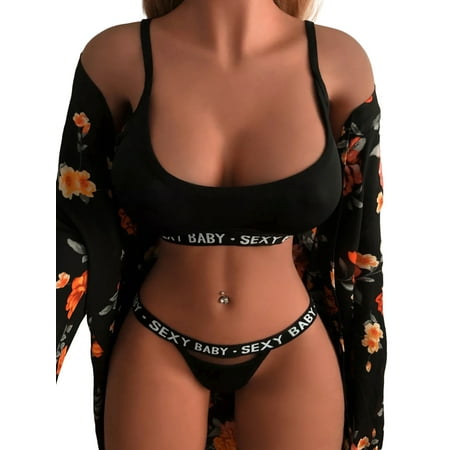 

Gureui Women s Lingerie Set Letter Print Sleeveless Sling Low Cut Bra Tops + Soft Stretch Thong Home Lingerie 2Pcs Clothes Set