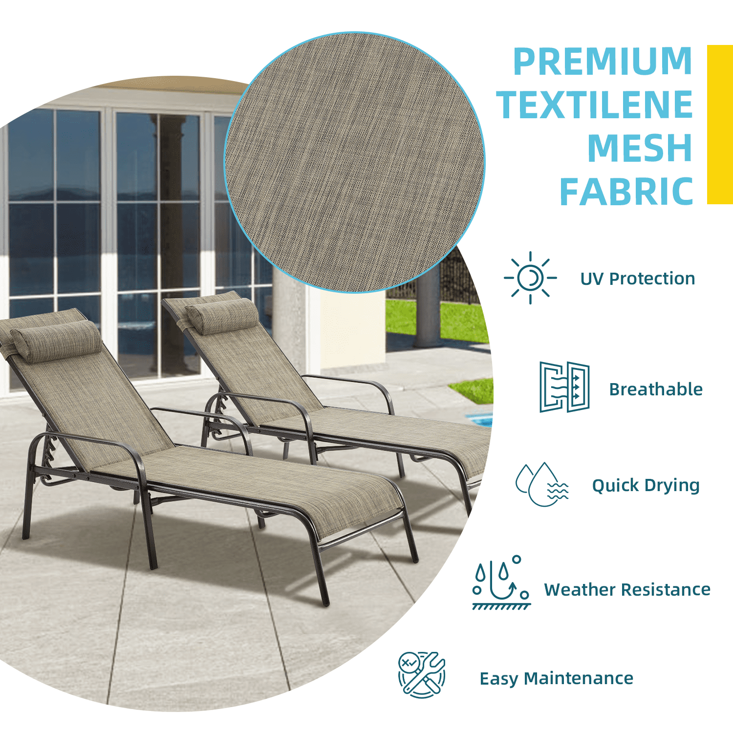Hommow Outdoor Chaise Lounge Chair, Set of 2 Adjustable Patio Chaise Lounges for Beach Yard Pool,Brown