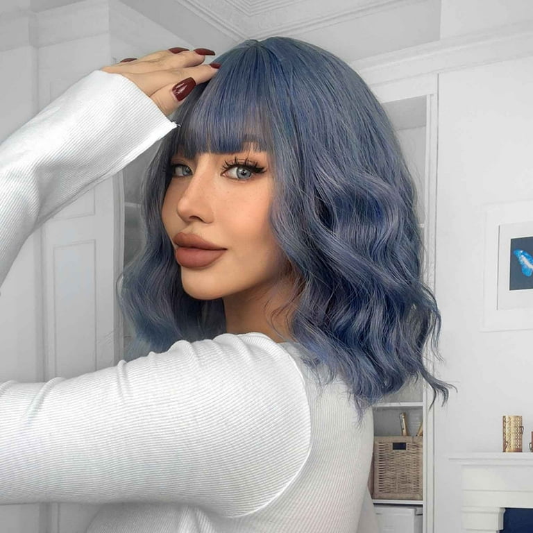 Wavy Hair Blue Wig Natural DOPI Human Hair Wigs For Women Black