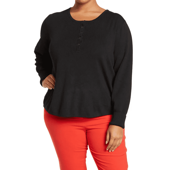 SWEET ROMEO Women's Plus Size Long Sleeve Snap Henley T-Shirt Tops Black 2X, NWT