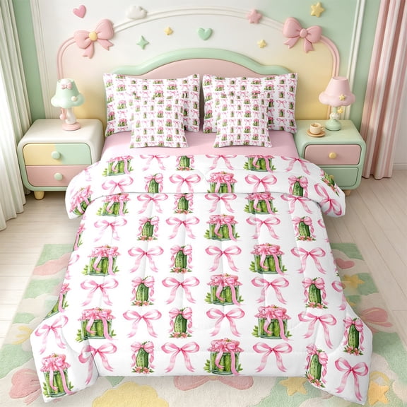 Manfei Cartoon Food Print 7-Piece Twin Bedding,Cute Pink Bowknot Bedding Comforter Set,Pink Reversible