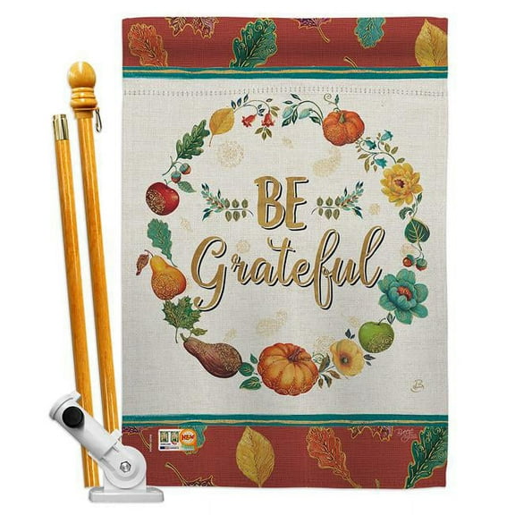 Breeze Decor BD-TG-HS-113071-IP-BO-D-US18-WA 28 x 40 in. Be Grateful Fall Thanksgiving Impressions Decorative Vertical Double Sided House Flag Set with Pole Bracket Hardware