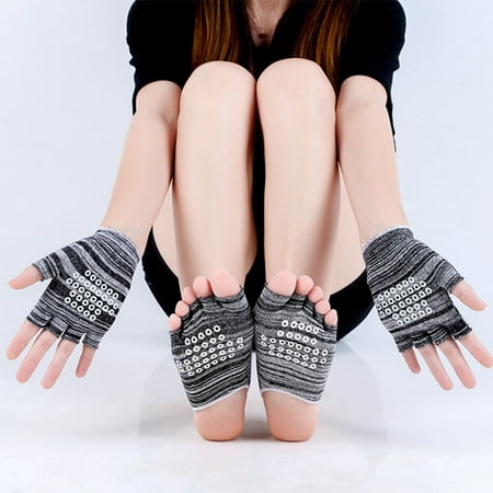 Yoga Socks and Gloves, Cotton Non-Slip Grip Socks Toeless Foot Yoga Socks Pilates Ballet Socks for