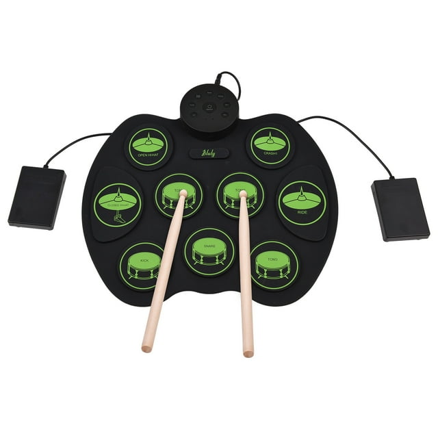 Tambor electrónico Btuty Batería Electrónica Digital Enrollable Sensible al Tacto Batería de Práctica 9 Pads de Batería 2 Pedales para Niños Principiantes (Sin Altavoces)