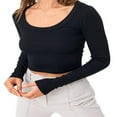 thumbnail image 4 of Femmes Crop Tops Couleur Unie Col Rond Manches Longues T-Shirt, 4 of 6