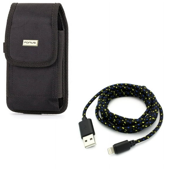 6ft USB Cable w Case Belt Clip for iPhone 8/7/6S/6 - Charger Cord Power Wire Braided Long, Swivel Holster Rugged Cover Pouch for iPhone 8/7/6S/6 Models