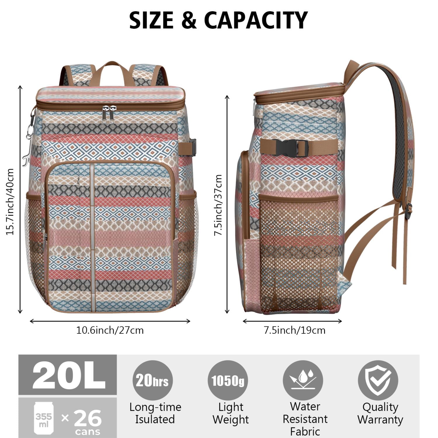 Travel Cooler Bag - Boho Bohemia Pioneer Flower Geometric Line Art Camping Beer Cooler Backpack with Bottle Opener- Waterproof Insulated Picnic Backpacks - Cooler Bag for Beach