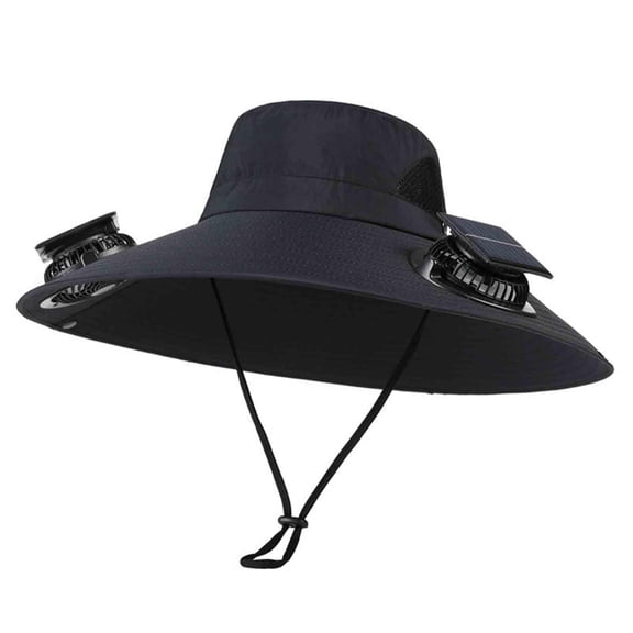 CBASIHI Mens Solar Fan Sun Hats- Hiking Fishing Adjustable Rope Outdoor Wide Brim Sun Hat with 2 Solars Fan Black Size M