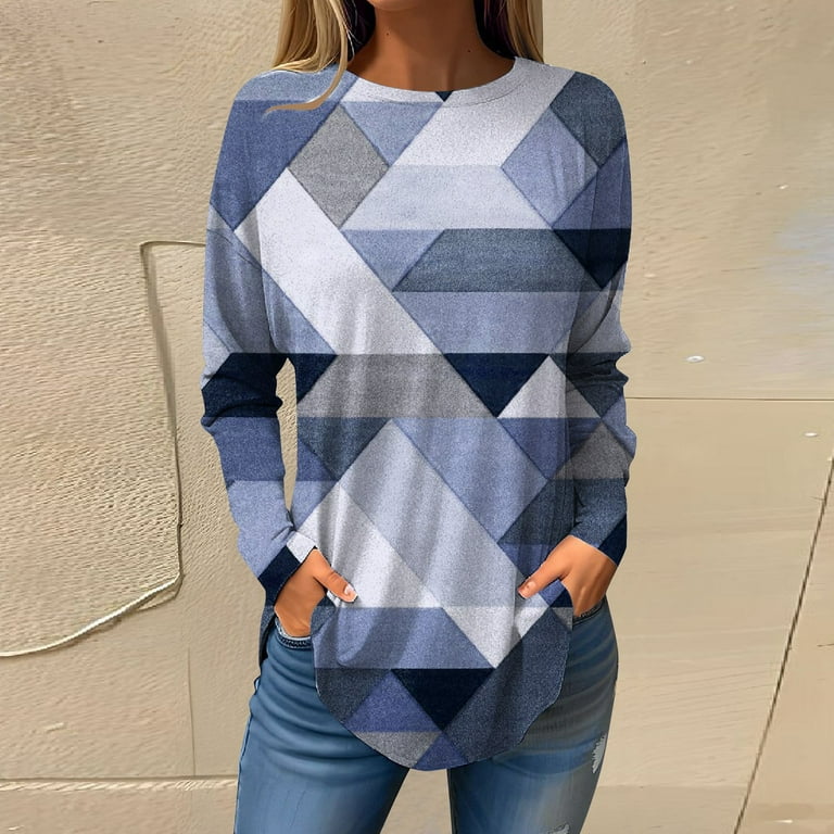 Knosfe Petite Tops Long Sleeve Dressy Geometric Ladies Shirts Crew Neck  Trendy Fall Business Women’s Blouses Casual Plus Size Women Tunic Tops  Loose