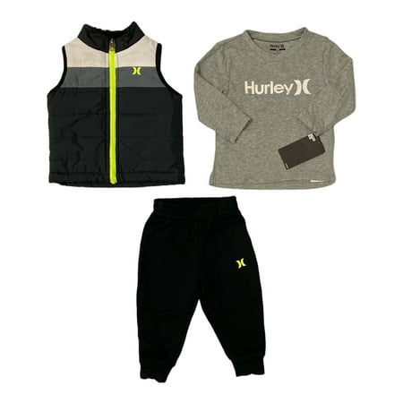 

Hurley Boy s 3 Piece Puffer Vest Long Sleeve Shirt & Fleece Jogger Set (Black 2T)