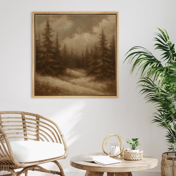 Framed Canvas Print Pine Trees Wall Art Vintage Landscape Decorative for Living Room Bedroom - 16"x16" NATURAL