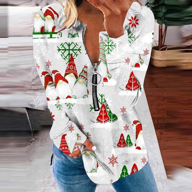 Pntutb, camiseta informal de manga larga con cuello en V de Navidad para mujer, blusa holgada con estampado de otoño, tops con cremallera Pntutb Pntutb-5401