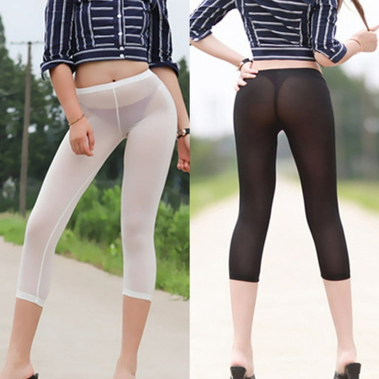 ALSLIAO Women See Through Cropped Pants High Elastic Ice Silk Leggings  Transparent White