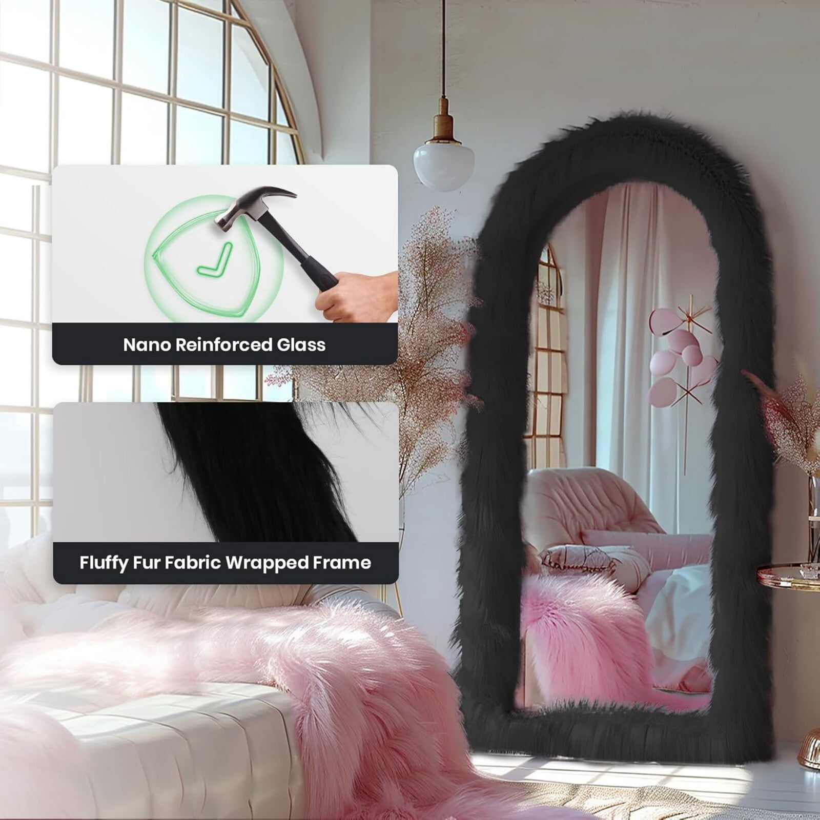 AUROMIR 71"x32" Arched Full Length Mirror Free Standing Mirror with Fluffy Framed, Black