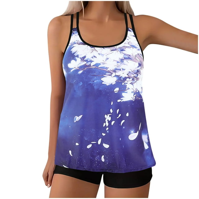 Maillots de Bain Deux Pièces pour Femmes, Tankinis Deux Pièces pour Femmes Col Rond Blouson Haut de Tankini avec Shorts Maillots de Bain Modestes Grande Taille P-5TG Liquidation Vêtements pour Femmes