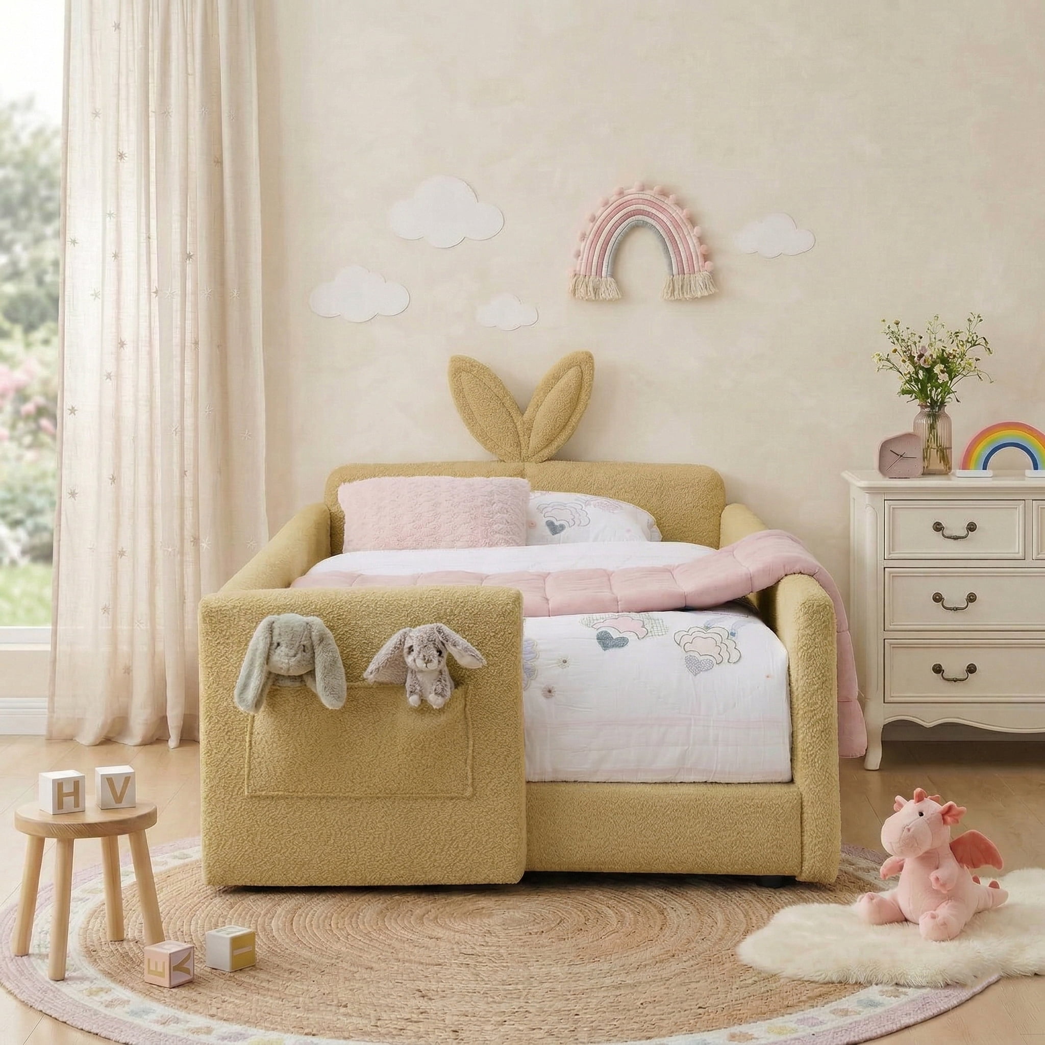 Aisword Twin Size Kids Bed with Rabbit Ear Headboard, Upholstered Daybed with Slat Support & Side Pockets, Yellow
