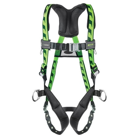 Chest D-rings - Miller by Honeywell Large/X-Large DuraFlex AirCore Green Harness With Back And Side D-Rings, Quick-Connect Chest Strap Buckle, Tongue Leg Strap Buckle, Lumbar Pad, Removable Belt And Aluminum Har