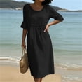 thumbnail image 4 of Guieoi Womens Dresses Plus Size Round-Neck Solid-Color Cotton-Linen Short-Sleeve Lace-Trimmed Ruffled-Sleeve Dress Black M, 4 of 6